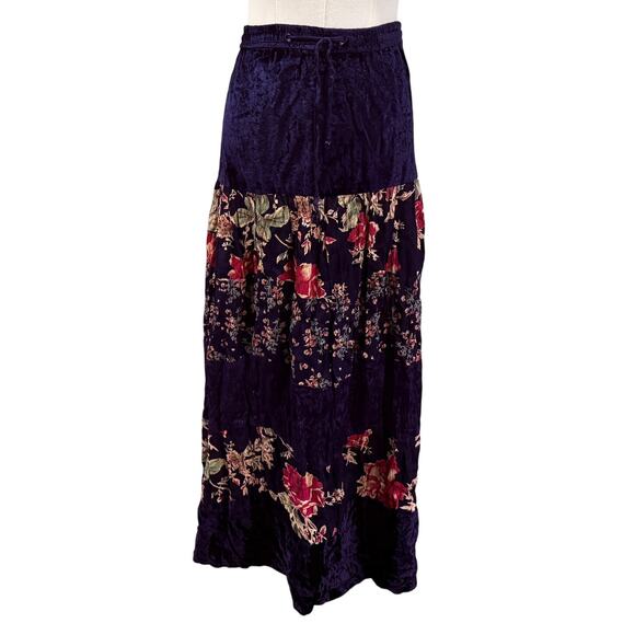 Vintage C.M. Shapes Navy Blue Velvet Flora Maxi Skirt 2x Boho Cottagecore Artsy - Picture 1 of 8
